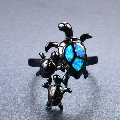 Blue Fire Opal Turtle Ring in Sterling Silver | Ocean Turtle Opal Ring | October Birthstone Gift for Her
