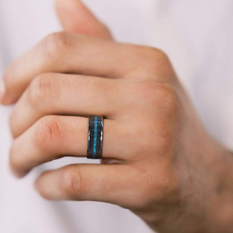 Galaxy Blue Inlay Tungsten Ring 8mm | Black Tungsten Wedding Band with Opal Style Inlay | Anniversary Gift for Him and Her