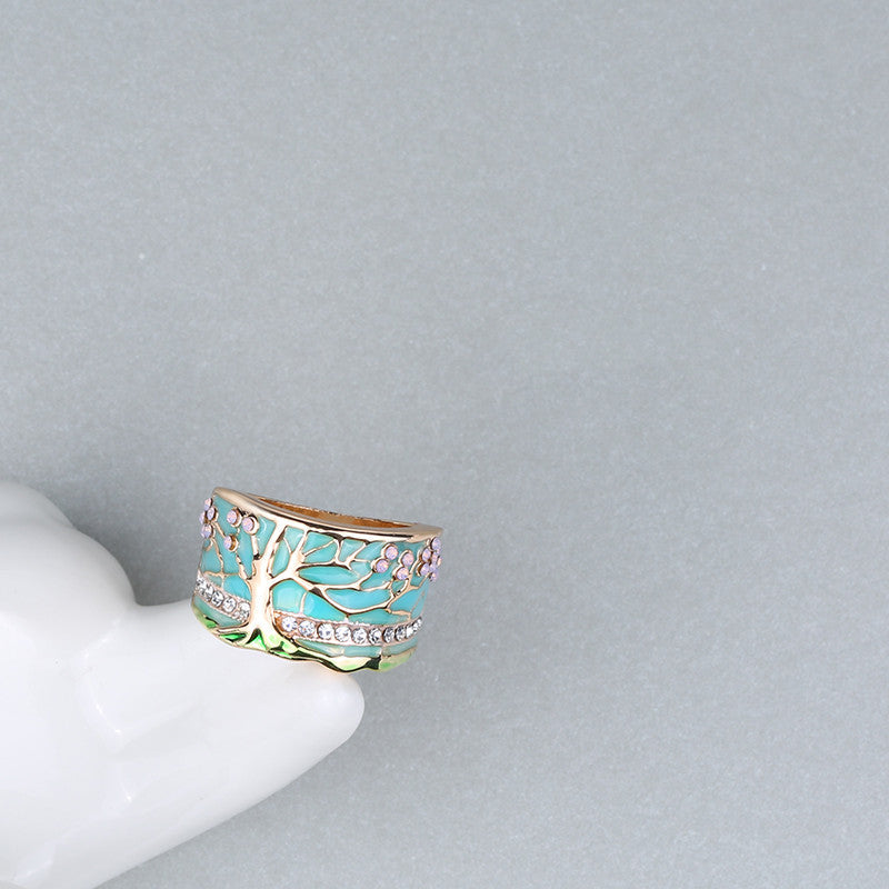 Tree of Life Turquoise Enamel Wide Band Ring in Sterling Silver | Nature Inspired Ring | Gift for Her