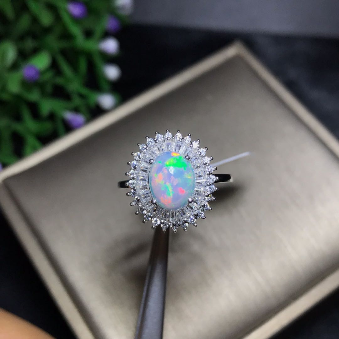 Natural Ethiopian Opal Halo Ring in Sterling Silver | Genuine Ethiopian Opal Ring | October Birthstone Gift for Her