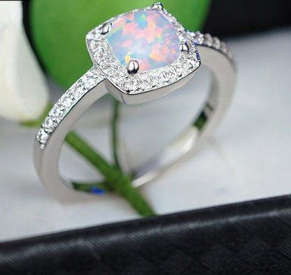 Cushion Cut Opal Halo Ring in Sterling Silver | Cushion Opal Engagement Ring | October Birthstone Gift for Her