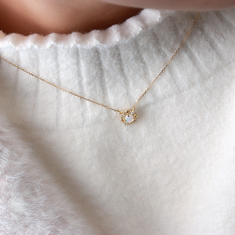 Vintage Round Opal Necklace Sterling Silver Gold Pendant, October Birthstone Gift for Her, Bridal Opal Jewelry, Anniversary Birthday Gift