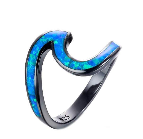 Black Gold Plated White Opal Ocean Wave Ring | Silver Opal Inlay Statement Ring | October Birthstone Gift for Her