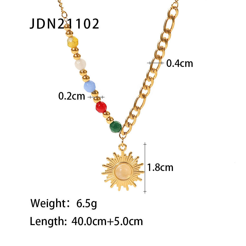 18K Gold Natural Stone Opal Sun Pendant Necklace