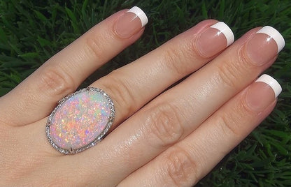Vintage Oval Opal Statement Ring in Sterling Silver | Antique Style Large Opal Ring | October Birthstone Gift for Her