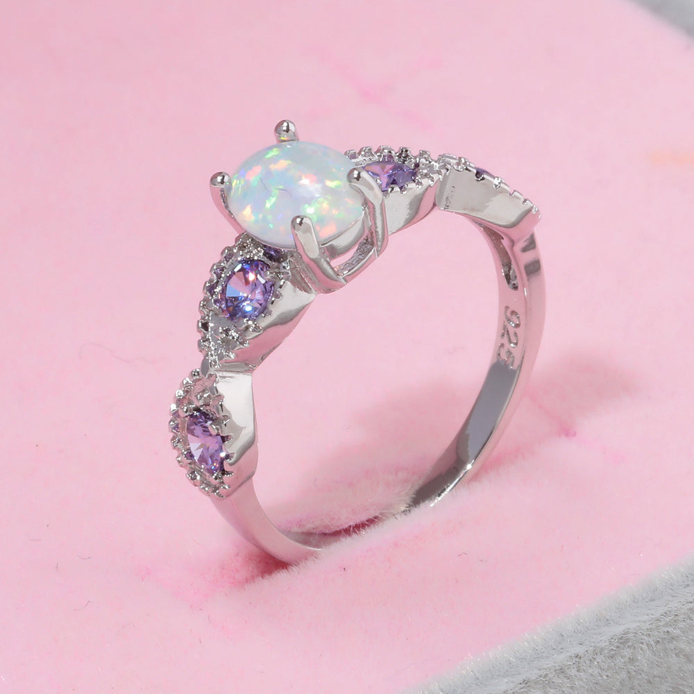 Round Zircon and Opal Ring in Sterling Silver | Sparkling Opal Zircon Gemstone Ring | October Birthstone Gift for Her