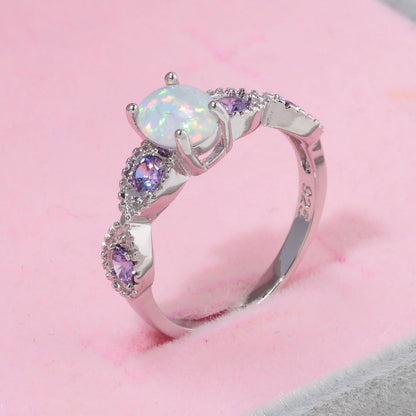Round Zircon and Opal Ring in Sterling Silver | Sparkling Opal Zircon Gemstone Ring | October Birthstone Gift for Her