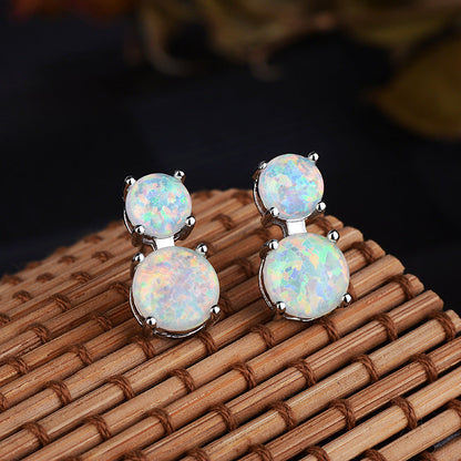 Double Round Opal Stud Earrings Sterling Silver, White Fire Opal Dainty Earrings, October Birthstone Gift for Her, Bridal Jewelry