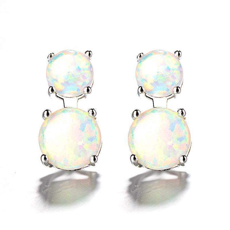 Double Round Opal Stud Earrings Sterling Silver, White Fire Opal Dainty Earrings, October Birthstone Gift for Her, Bridal Jewelry