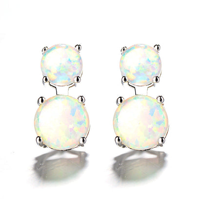 Double Round Opal Stud Earrings Sterling Silver, White Fire Opal Dainty Earrings, October Birthstone Gift for Her, Bridal Jewelry