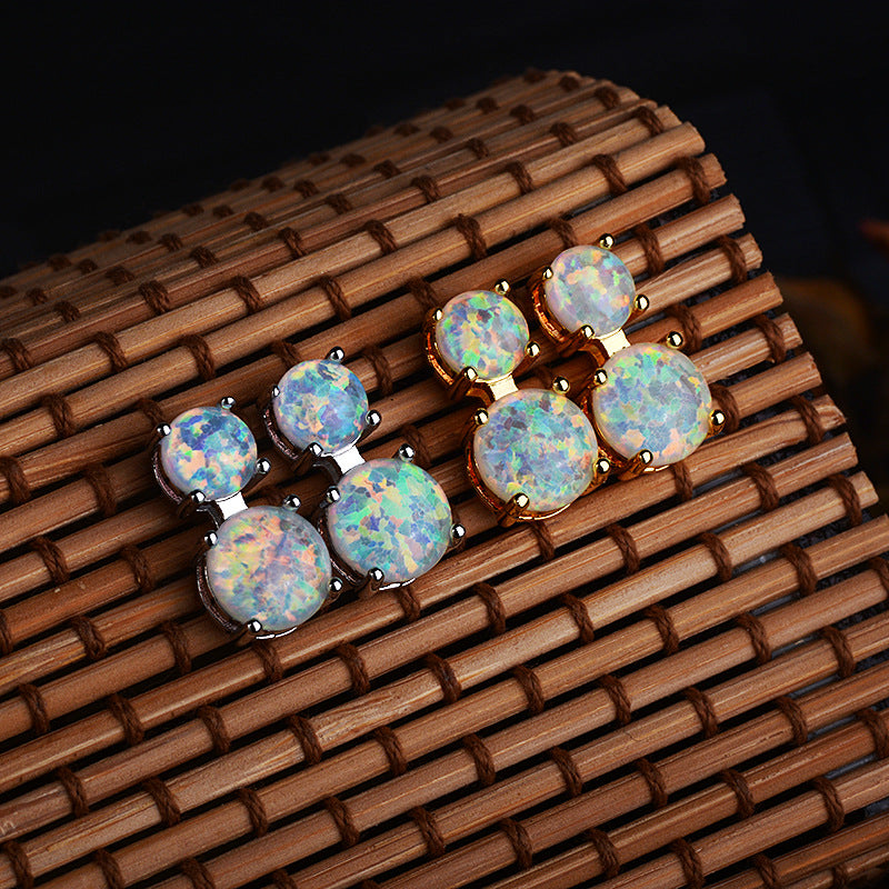 Double Round Opal Stud Earrings Sterling Silver, White Fire Opal Dainty Earrings, October Birthstone Gift for Her, Bridal Jewelry