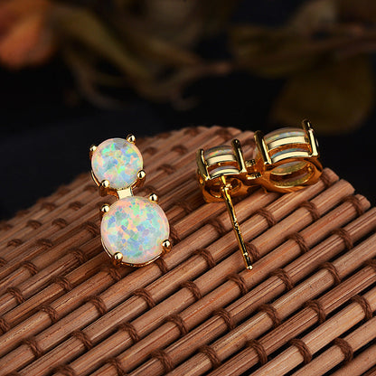 Double Round Opal Stud Earrings Sterling Silver, White Fire Opal Dainty Earrings, October Birthstone Gift for Her, Bridal Jewelry