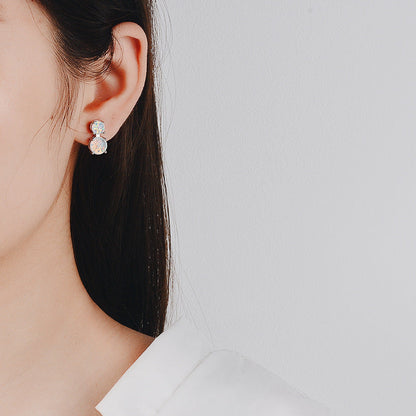 Double Round Opal Stud Earrings Sterling Silver, White Fire Opal Dainty Earrings, October Birthstone Gift for Her, Bridal Jewelry