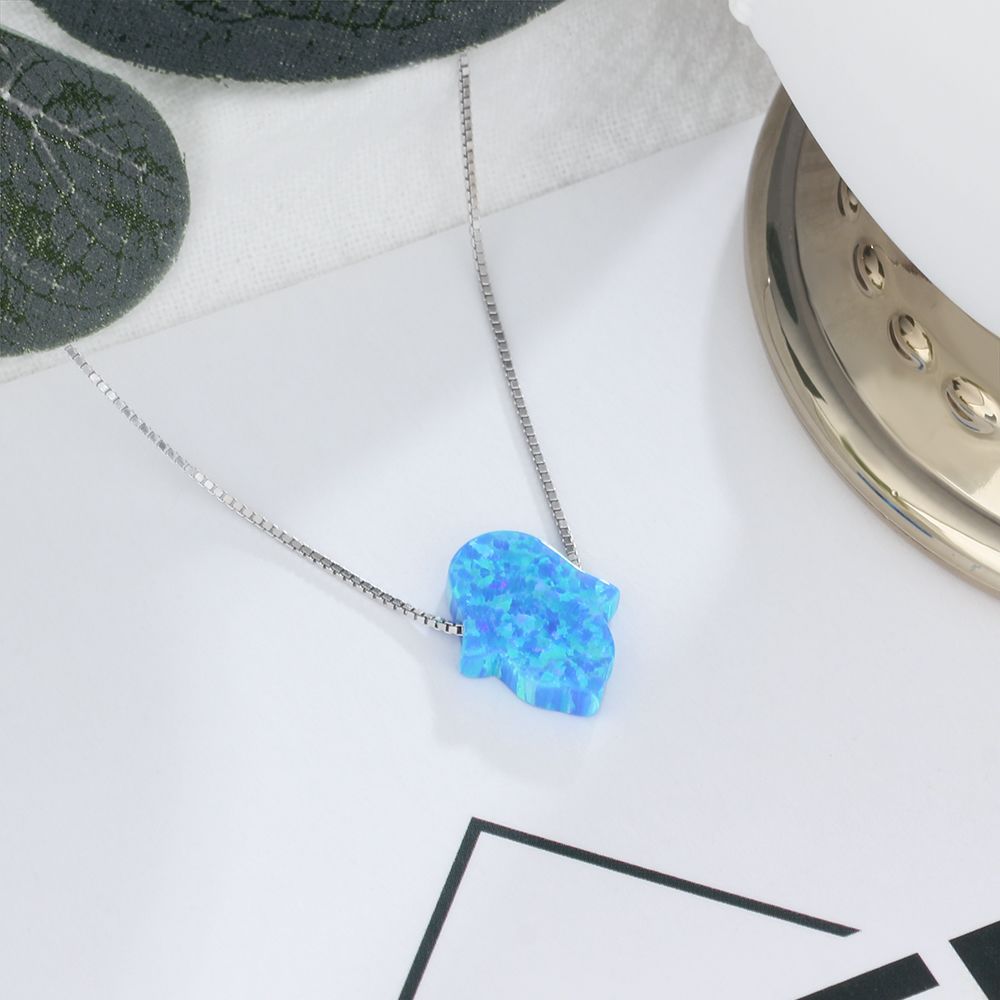 925 Sterling Silver Blue Opal Hamsa Necklace