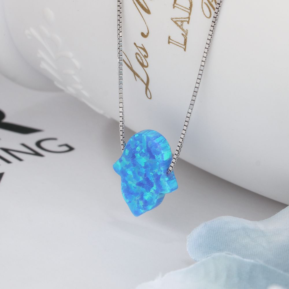 925 Sterling Silver Blue Opal Hamsa Necklace