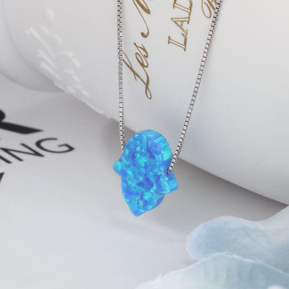 925 Sterling Silver Blue Opal Hamsa Necklace