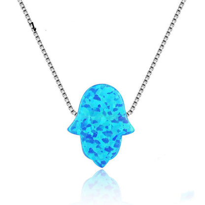 925 Sterling Silver Blue Opal Hamsa Necklace