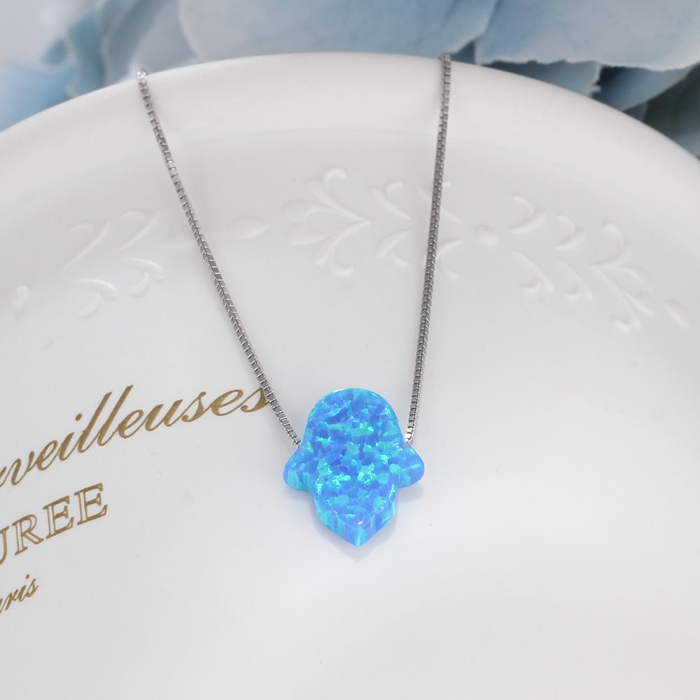 925 Sterling Silver Blue Opal Hamsa Necklace