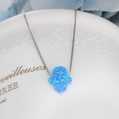 925 Sterling Silver Blue Opal Hamsa Necklace