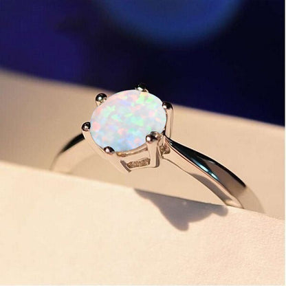 White Opal Eight Prong Inlaid Ring in Sterling Silver | Classic Opal Solitaire Ring | October Birthstone Gift for Her