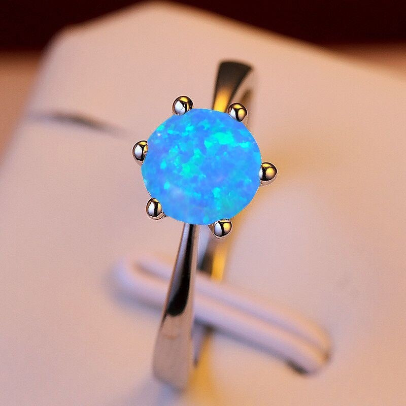 White Opal Eight Prong Inlaid Ring in Sterling Silver | Classic Opal Solitaire Ring | October Birthstone Gift for Her