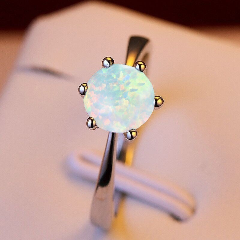White Opal Eight Prong Inlaid Ring in Sterling Silver | Classic Opal Solitaire Ring | October Birthstone Gift for Her