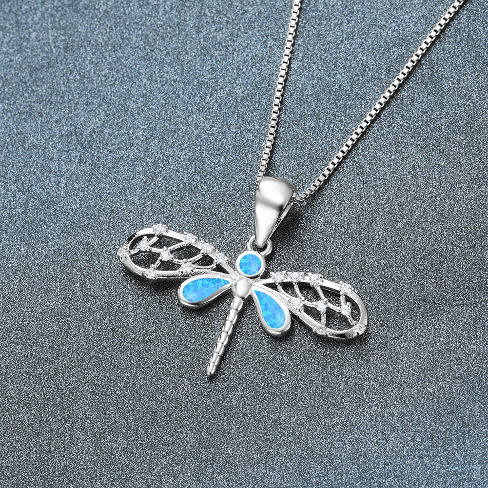 Blue Fire Opal Dragonfly Necklace