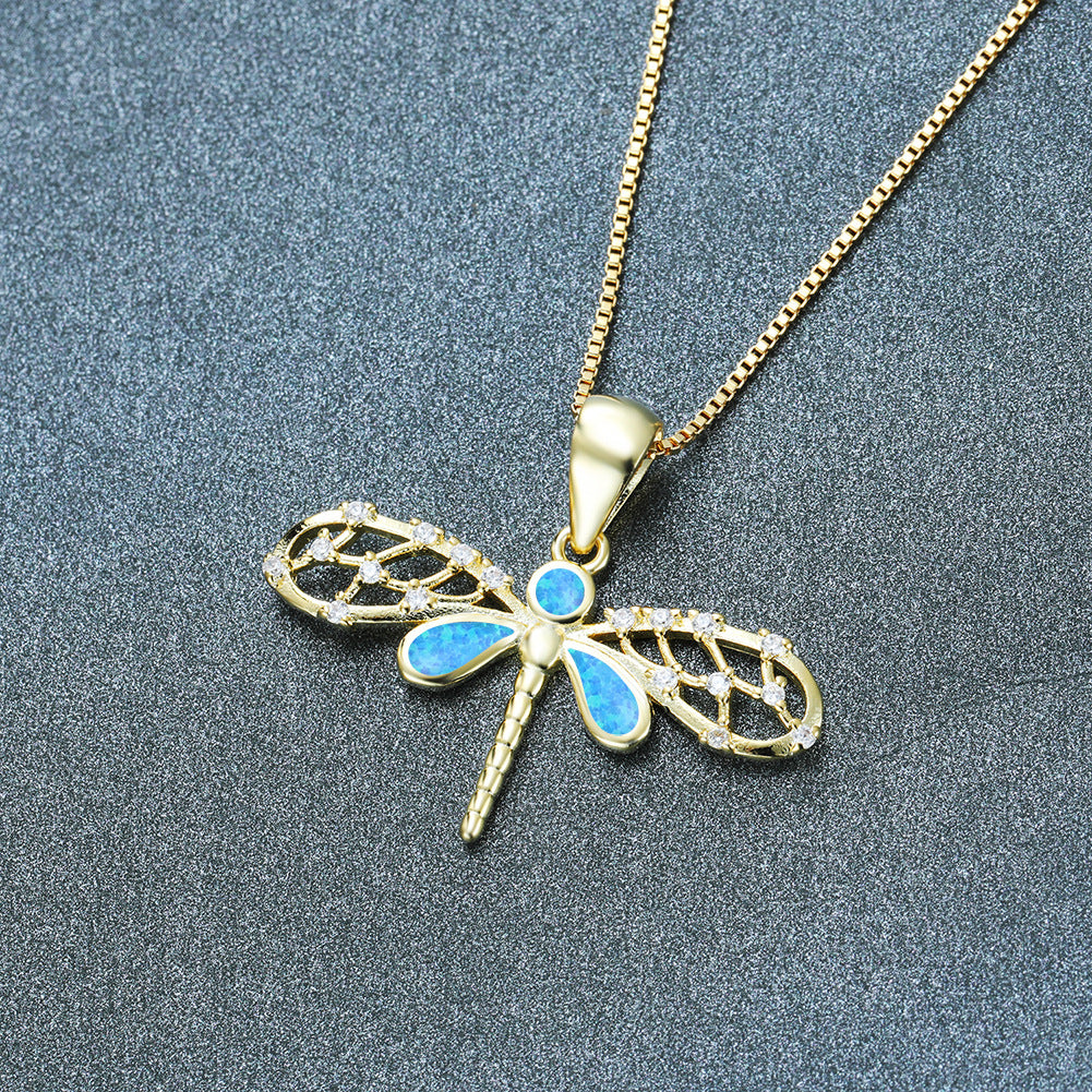 Blue Fire Opal Dragonfly Necklace