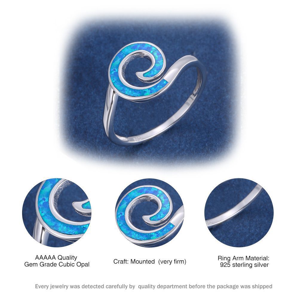 Silver Spiral Opal Ring | Blue and White Opal Inlay Wave Design Ring | October Birthstone Gift for Her