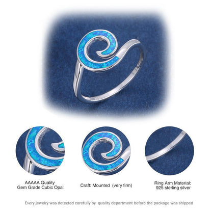 Silver Spiral Opal Ring | Blue and White Opal Inlay Wave Design Ring | October Birthstone Gift for Her