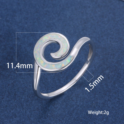 Silver Spiral Opal Ring | Blue and White Opal Inlay Wave Design Ring | October Birthstone Gift for Her
