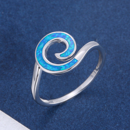 Silver Spiral Opal Ring | Blue and White Opal Inlay Wave Design Ring | October Birthstone Gift for Her