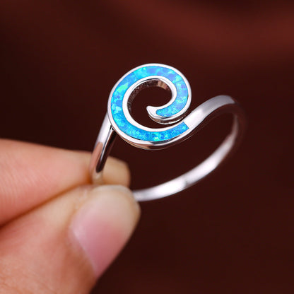Silver Spiral Opal Ring | Blue and White Opal Inlay Wave Design Ring | October Birthstone Gift for Her