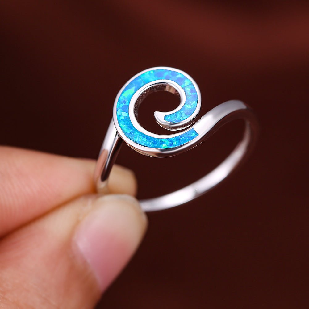 Silver Spiral Opal Ring | Blue and White Opal Inlay Wave Design Ring | October Birthstone Gift for Her