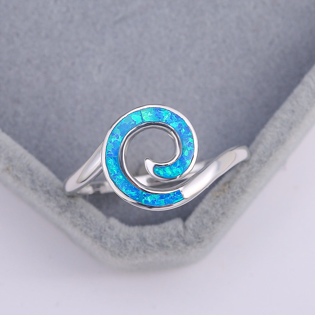 Silver Spiral Opal Ring | Blue and White Opal Inlay Wave Design Ring | October Birthstone Gift for Her