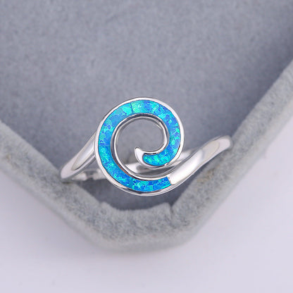Silver Spiral Opal Ring | Blue and White Opal Inlay Wave Design Ring | October Birthstone Gift for Her