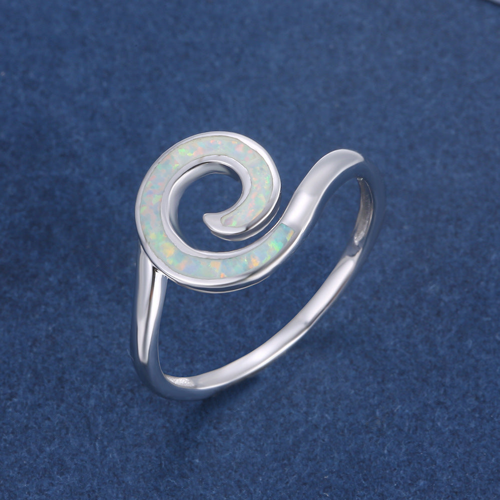 Silver Spiral Opal Ring | Blue and White Opal Inlay Wave Design Ring | October Birthstone Gift for Her