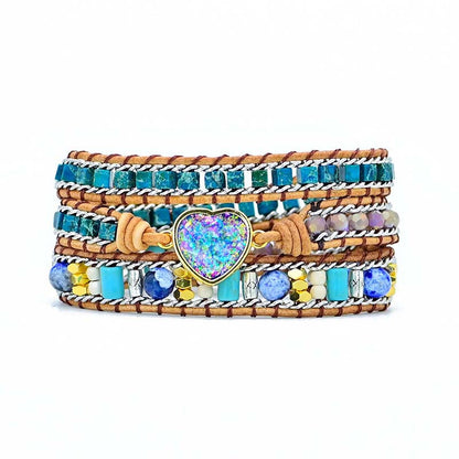 Blue Opal Heart Leather Wrap Bracelet
