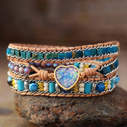 Blue Opal Heart Leather Wrap Bracelet