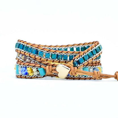 Blue Opal Heart Leather Wrap Bracelet