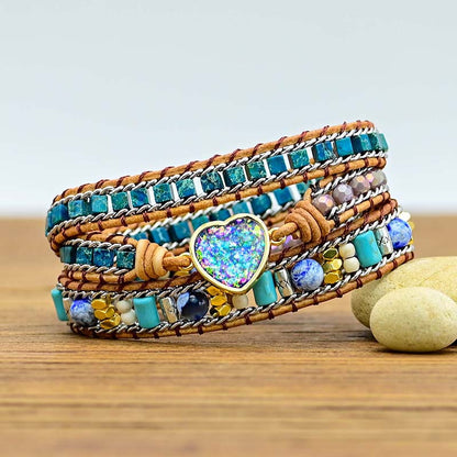 Blue Opal Heart Leather Wrap Bracelet