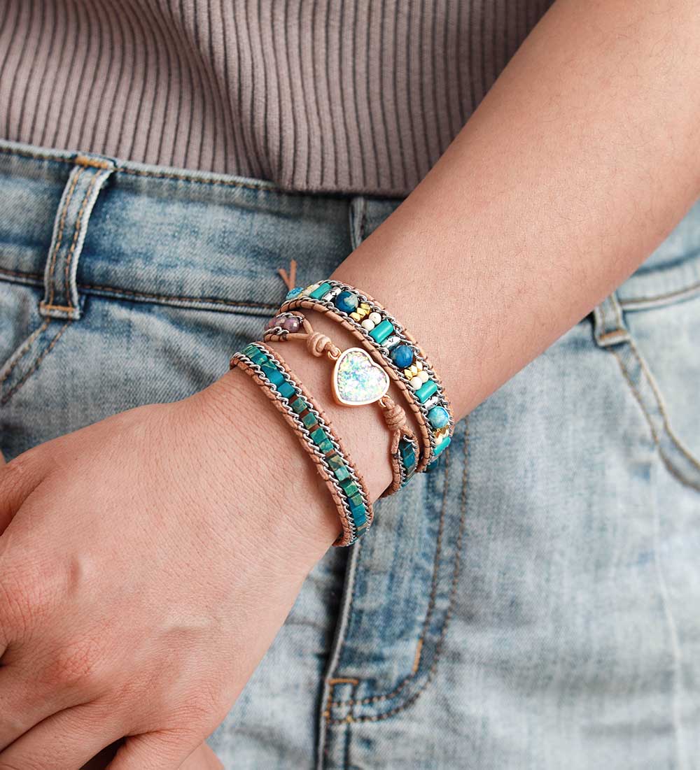 Blue Opal Heart Leather Wrap Bracelet