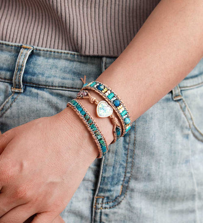 Blue Opal Heart Leather Wrap Bracelet