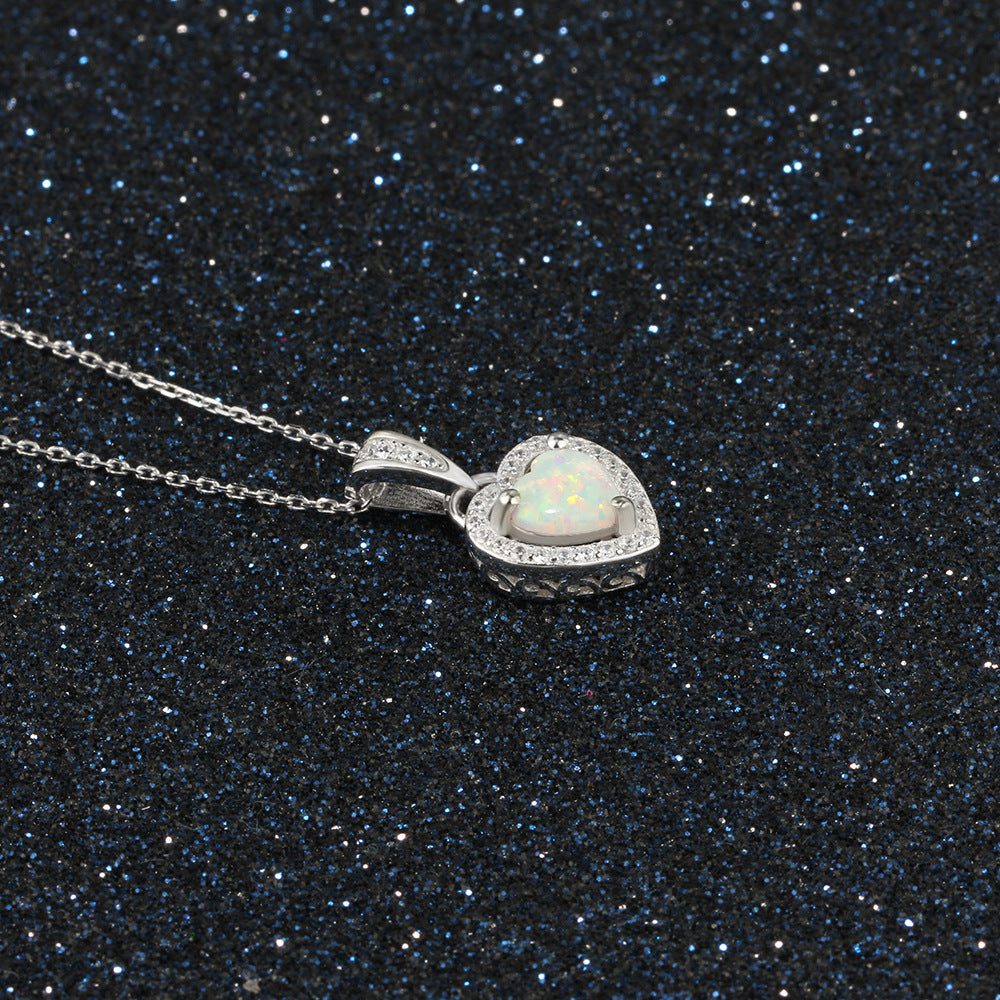 Heart Shaped White Fire Opal Pendant Necklace, Sterling Silver Halo Necklace, Romantic Gift for Wife Girlfriend