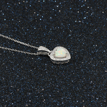 Heart Shaped White Fire Opal Pendant Necklace, Sterling Silver Halo Necklace, Romantic Gift for Wife Girlfriend
