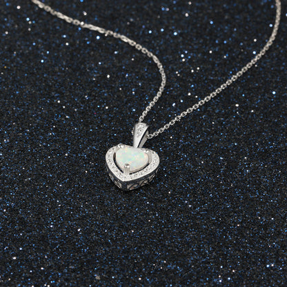 Heart Shaped White Fire Opal Pendant Necklace, Sterling Silver Halo Necklace, Romantic Gift for Wife Girlfriend