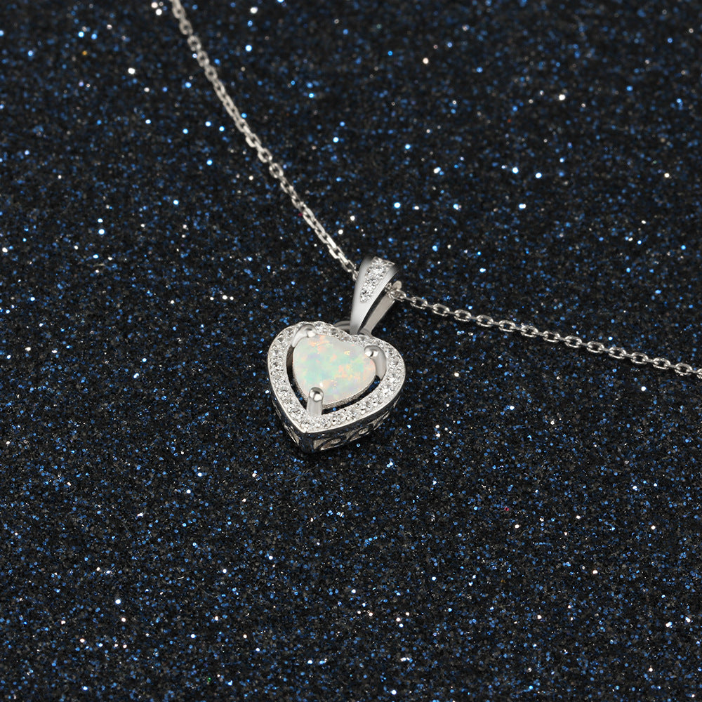 Heart Shaped White Fire Opal Pendant Necklace, Sterling Silver Halo Necklace, Romantic Gift for Wife Girlfriend