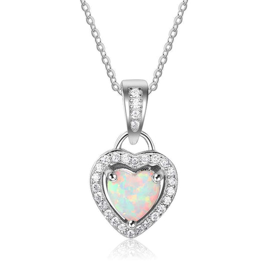 Heart Shaped White Fire Opal Pendant Necklace, Sterling Silver Halo Necklace, Romantic Gift for Wife Girlfriend