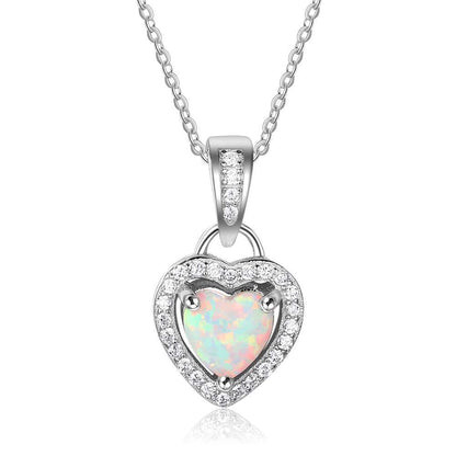 Heart Shaped White Fire Opal Pendant Necklace, Sterling Silver Halo Necklace, Romantic Gift for Wife Girlfriend