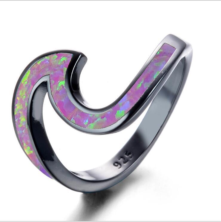 Black Gold Plated White Opal Ocean Wave Ring | Silver Opal Inlay Statement Ring | October Birthstone Gift for Her